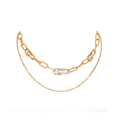 Fashion Simple Plated Gold Paperclip Shape Double Layer Necklace with Cubic Zirconia