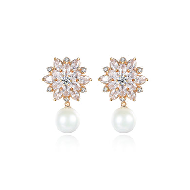 Fashion Elegant Plated Gold Flower Imitation Pearl Earrings with Cubic Zirconia