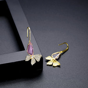 Fashion Elegant Plated Gold Butterfly Earrings with Purple Cubic Zirconia