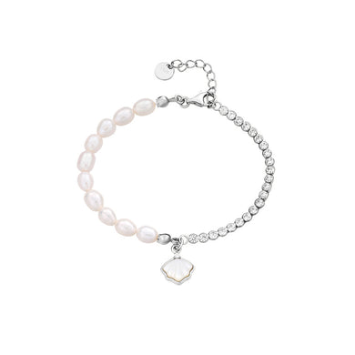 925 Sterling Silver Fashion Elegant Shell Freshwater Pearl Stitched Cubic Zirconia Bracelet