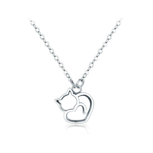 925 Sterling Silver Simple and Cute Hollow Cat Heart Pendant with Necklace