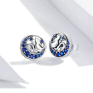 925 Sterling Silver Simple Fashion Cat Moon Stud Earrings with Blue Cubic Zirconia