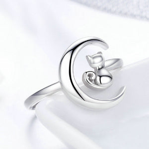 925 Sterling Silver Simple Fashion Moon Cat Adjustable Open Ring