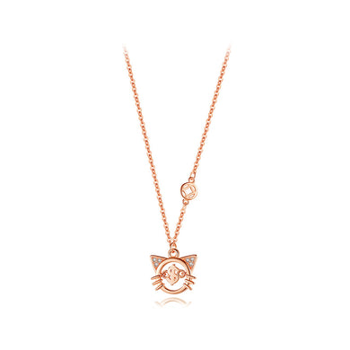 925 Sterling Silver Plated Rose Gold Cute Fashion Lucky Cat Pendant with Cubic Zirconia and Necklace