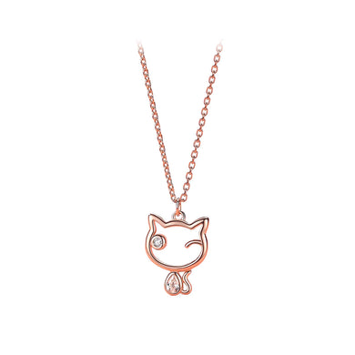 925 Sterling Silver Plated Rose Gold Simple Cute Hollow Cat Pendant with Cubic Zirconia and Necklace
