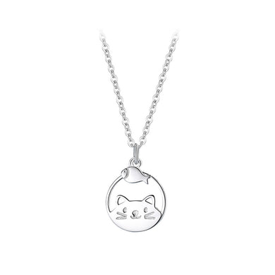 925 Sterling Silver Simple and Cute Hollow Cat and Fish Geometric Pendant with Necklace