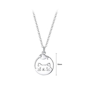 925 Sterling Silver Simple and Cute Hollow Cat and Fish Geometric Pendant with Necklace