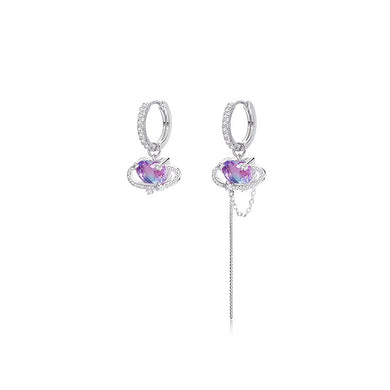 925 Sterling Silver Fashion Simple Asymmetric Heart Shaped Planet Tassel Earrings with Cubic Zirconia