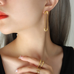 Fashion Creative Plated Gold 316L Stainless Steel Paper Clip Shaped Imitation Pearl Tassel Asymmetric Earrings
