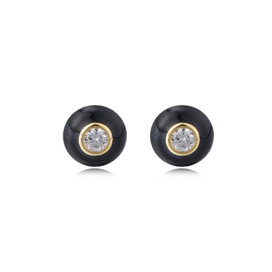 925 Sterling Silver Plated Gold Simple Fashion Enamel Black Geometric Round Stud Earrings with Cubic Zirconia
