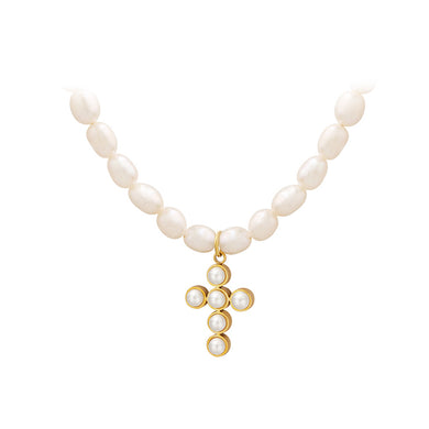 Fashion Elegant Plated Gold 316L Stainless Steel Cross Imitation Pearl Pendant with Beaded Necklace