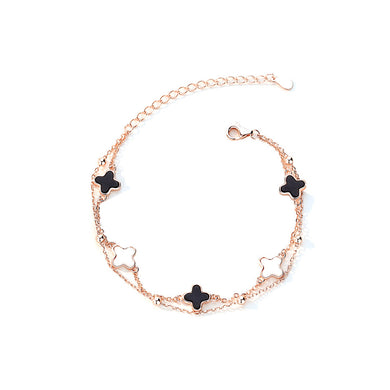 925 Sterling Silver Plated Rose Gold Fashion Temperament Four- Leafed Clover Double Layer Bracelet with Imitation Black Agate and Mother-of-pearl