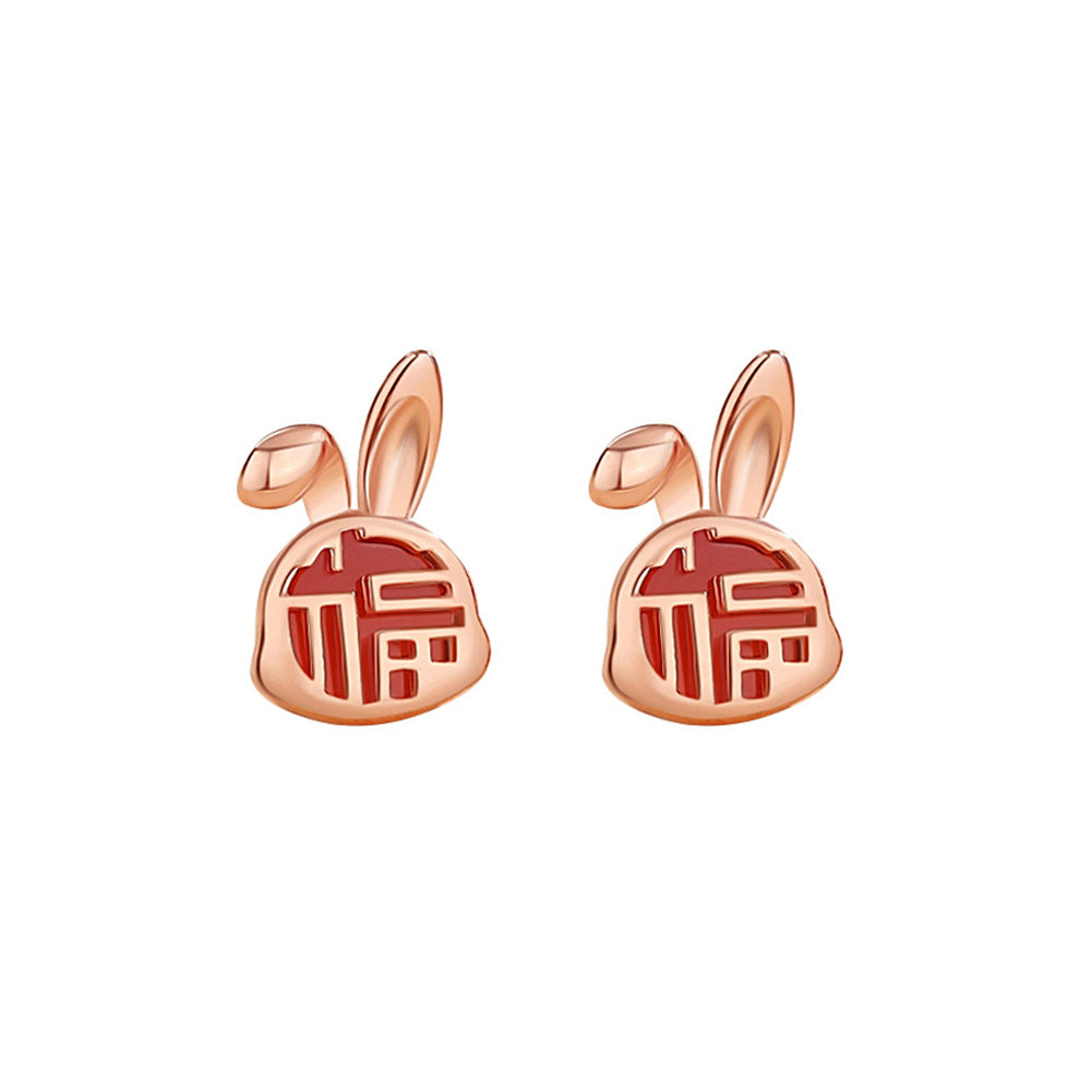 925 Sterling Silver Plated Rose Gold Simple Cute Blessing Rabbit Red Imitation Agate Stud Earrings