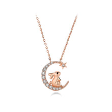 Load image into Gallery viewer, 925 Sterling Silver Plated Rose Gold Fashion Cute Rabbit Moon Pendant with Cubic Zirconia and Necklace