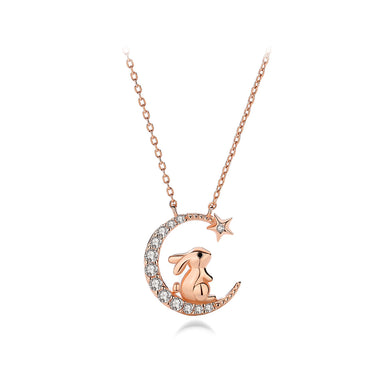 925 Sterling Silver Plated Rose Gold Fashion Cute Rabbit Moon Pendant with Cubic Zirconia and Necklace