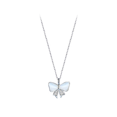 925 Sterling Silver Lovely Sweet Ribbon Mother-of-pearl Pendant with Cubic Zirconia and Necklace