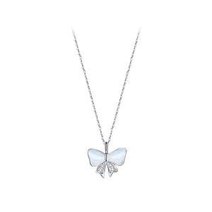 925 Sterling Silver Lovely Sweet Ribbon Mother-of-pearl Pendant with Cubic Zirconia and Necklace
