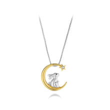 Load image into Gallery viewer, 925 Sterling Silver Fashion Cute Rabbit Gold Moon Pendant with Cubic Zirconia and Necklace