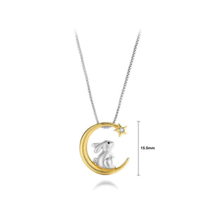925 Sterling Silver Fashion Cute Rabbit Gold Moon Pendant with Cubic Zirconia and Necklace