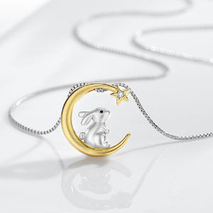 925 Sterling Silver Fashion Cute Rabbit Gold Moon Pendant with Cubic Zirconia and Necklace