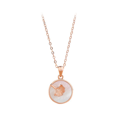 925 Sterling Silver Plated Rose Gold Simple Temperament Ginkgo Leaf Geometric Round Mother-of-pearl Pendant with Necklace