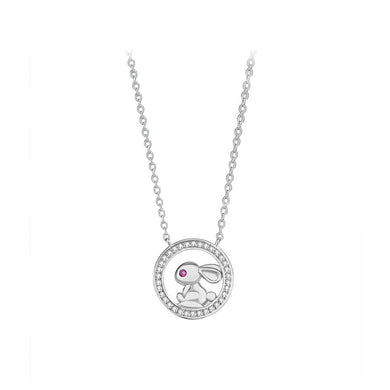 925 Sterling Silver Fashion Cute Rabbit Geometric Circle Pendant with Cubic Zirconia and Necklace