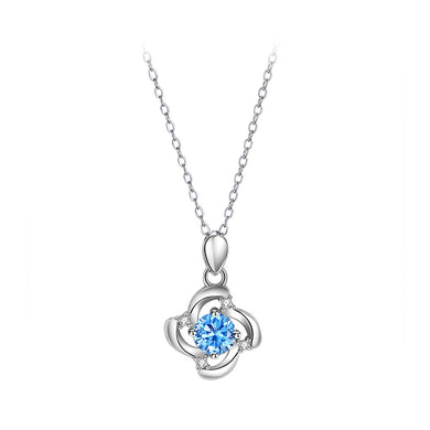 925 Sterling Silver Fashion Simple Four-leafed Clover Pendant with Blue Cubic Zirconia and Necklace