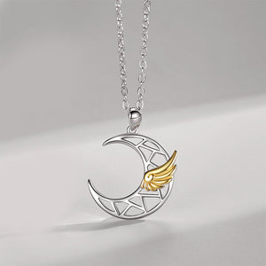 925 Sterling Silver Golden Angel Wings Moon Couple Pendant with Necklace For Men