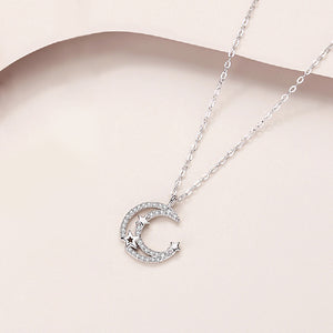 925 Sterling Silver Fashion Simple Hollow Moon Star Pendant with Cubic Zirconia and Necklace