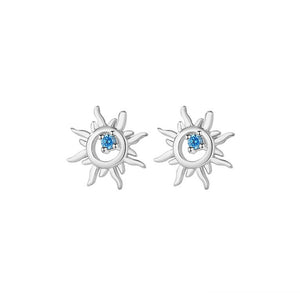 925 Sterling Silver Fashion Simple Sun Stud Earrings with Blue Cubic Zirconia