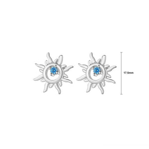 925 Sterling Silver Fashion Simple Sun Stud Earrings with Blue Cubic Zirconia