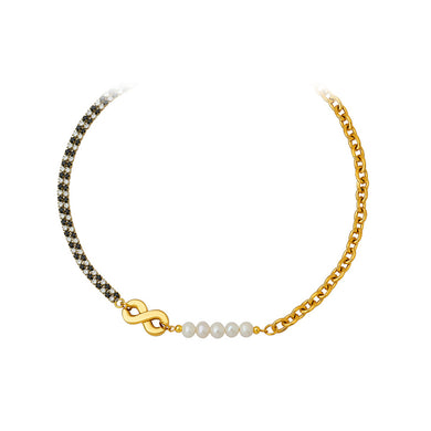 Fashion Personality Plated Gold 316L Stainless Steel Infinity Symbol Imitation Pearl Chain Necklace with Cubic Zirconia