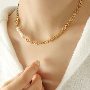 Fashion Personality Plated Gold 316L Stainless Steel Infinity Symbol Imitation Pearl Chain Necklace with Cubic Zirconia