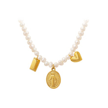 Load image into Gallery viewer, Elegant Temperament Plated Gold 316L Stainless Steel Virgin Mary Geometric Oval Pendant with Irregular Imitation Pearl Necklace