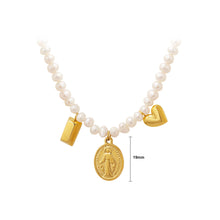 Load image into Gallery viewer, Elegant Temperament Plated Gold 316L Stainless Steel Virgin Mary Geometric Oval Pendant with Irregular Imitation Pearl Necklace