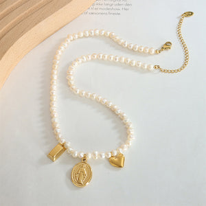 Elegant Temperament Plated Gold 316L Stainless Steel Virgin Mary Geometric Oval Pendant with Irregular Imitation Pearl Necklace