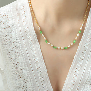 Fashion Simple Plated Gold 316L Stainless Steel Beaded Stitching Irregular Imitation Pearl Chain Necklace