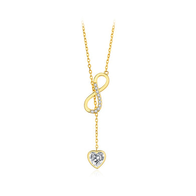 925 Sterling Silver Plated Gold Fashion Simple Infinity Symbol Heart Tassel Pendant with Cubic Zirconia and Necklace