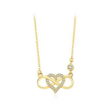 925 Sterling Silver Plated Gold Simple Romantic Heart Infinity Symbol Pendant with Cubic Zirconia and Necklace