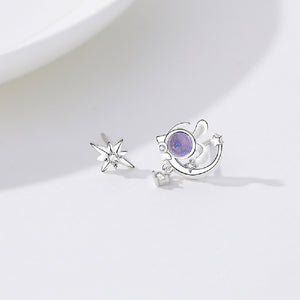 925 Sterling Silver Simple Cute Rabbit Moon Star Asymmetric Stud Earrings with Cubic Zirconia