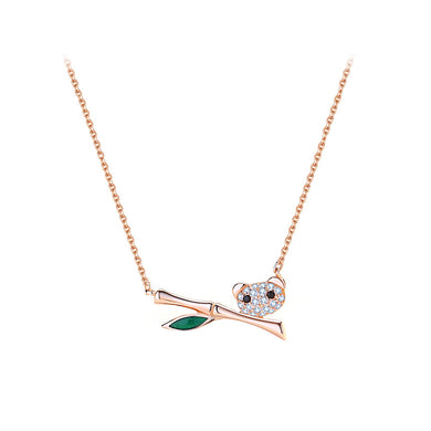 925 Sterling Silver Plated Rose Gold Simple and Cute Panda Bamboo Pendant with Cubic Zirconia and Necklace