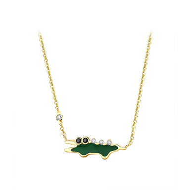 925 Sterling Silver Plated Gold Creative Cute Enamel Alligator Pendant with Cubic Zirconia and Necklace