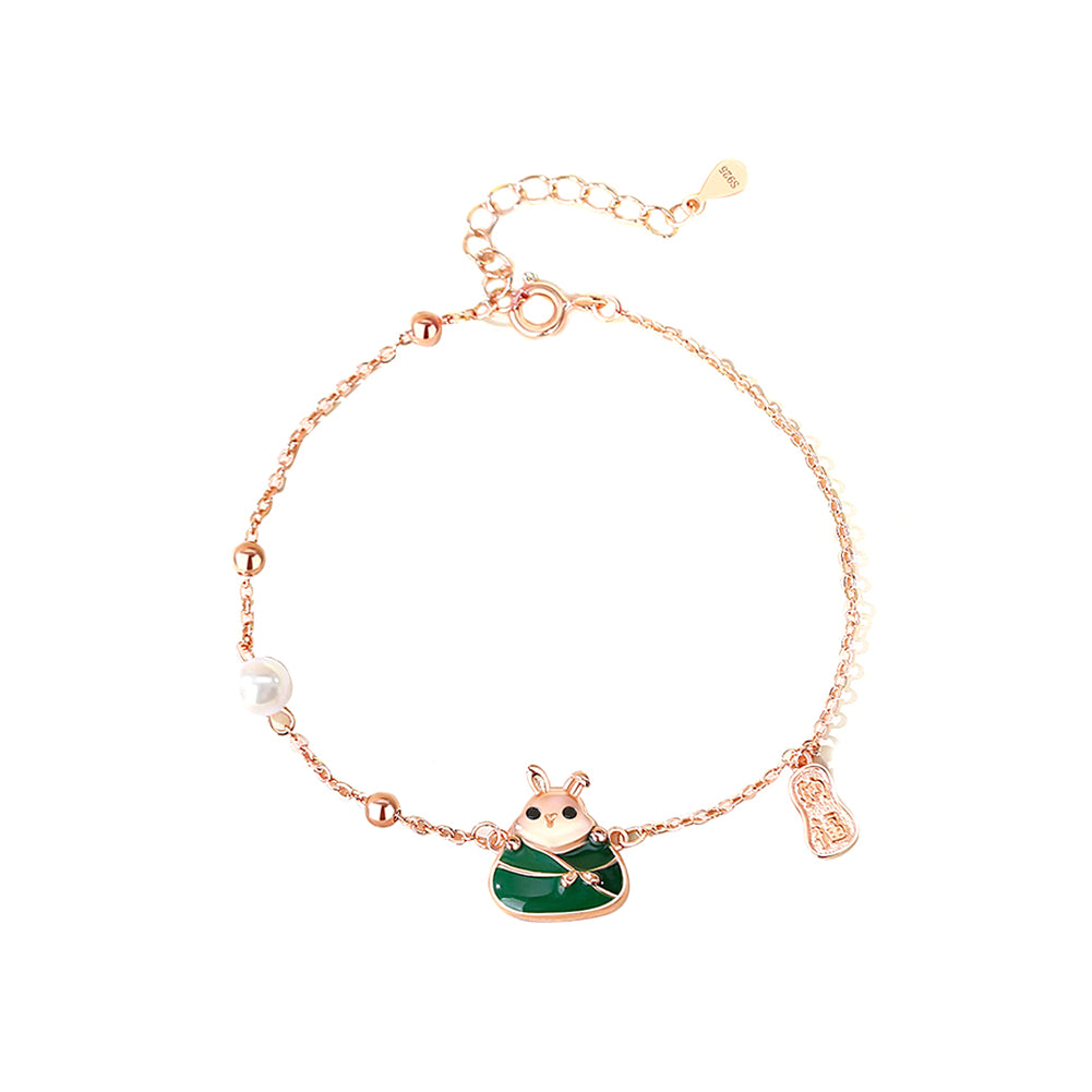 925 Sterling Silver Plated Rose Gold Simple Cute Rabbit Dumpling Bracelet with Imitation Pearl