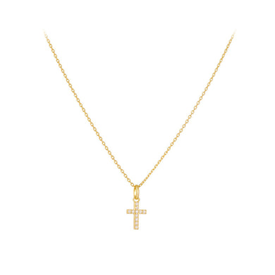 925 Sterling Silver Plated Gold Simple Fashion Cross Pendant with Cubic Zirconia and Necklace