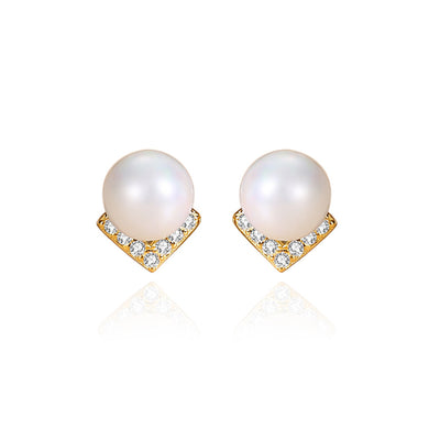 925 Sterling Silver Plated Gold Simple Elegant Alphabet V Imitation Pearl Stud Earrings with Cubic Zirconia