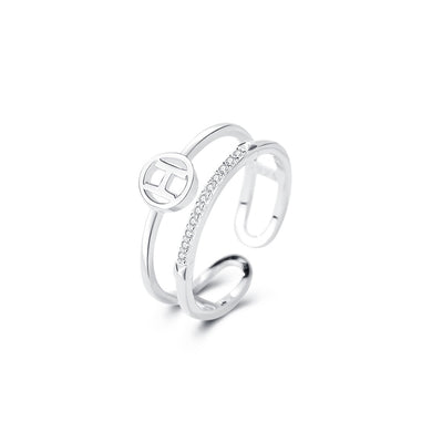 925 Sterling Silver Simple Personality Alphabet H Geometric Double Adjustable Open Ring with Cubic Zirconia