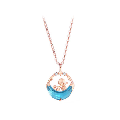 925 Sterling Silver Plated Rose Gold Fashion and Creative Little Prince Fox Moon Pendant with Cubic Zirconia and Necklace