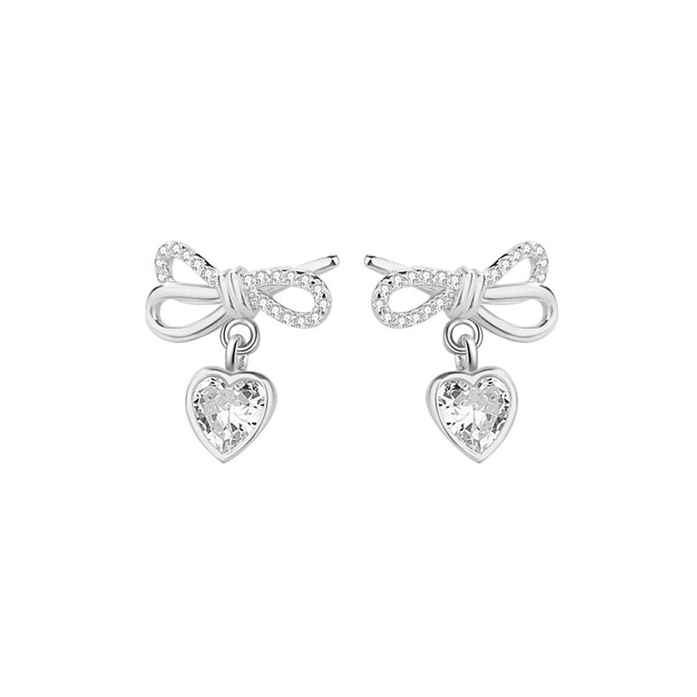 925 Sterling Silver Simple Sweet Ribbon Heart-shaped Stud Earrings with Cubic Zirconia