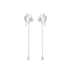 925 Sterling Silver Fashion and Elegant Tulip Flower Moonstone Tassel Earrings with Cubic Zirconia