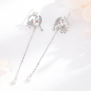 925 Sterling Silver Fashion and Elegant Tulip Flower Moonstone Tassel Earrings with Cubic Zirconia